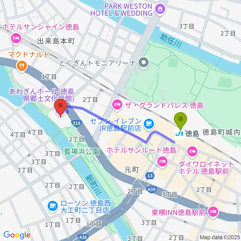 あわぎんホールの最寄駅徳島駅からの徒歩ルート（約8分）地図