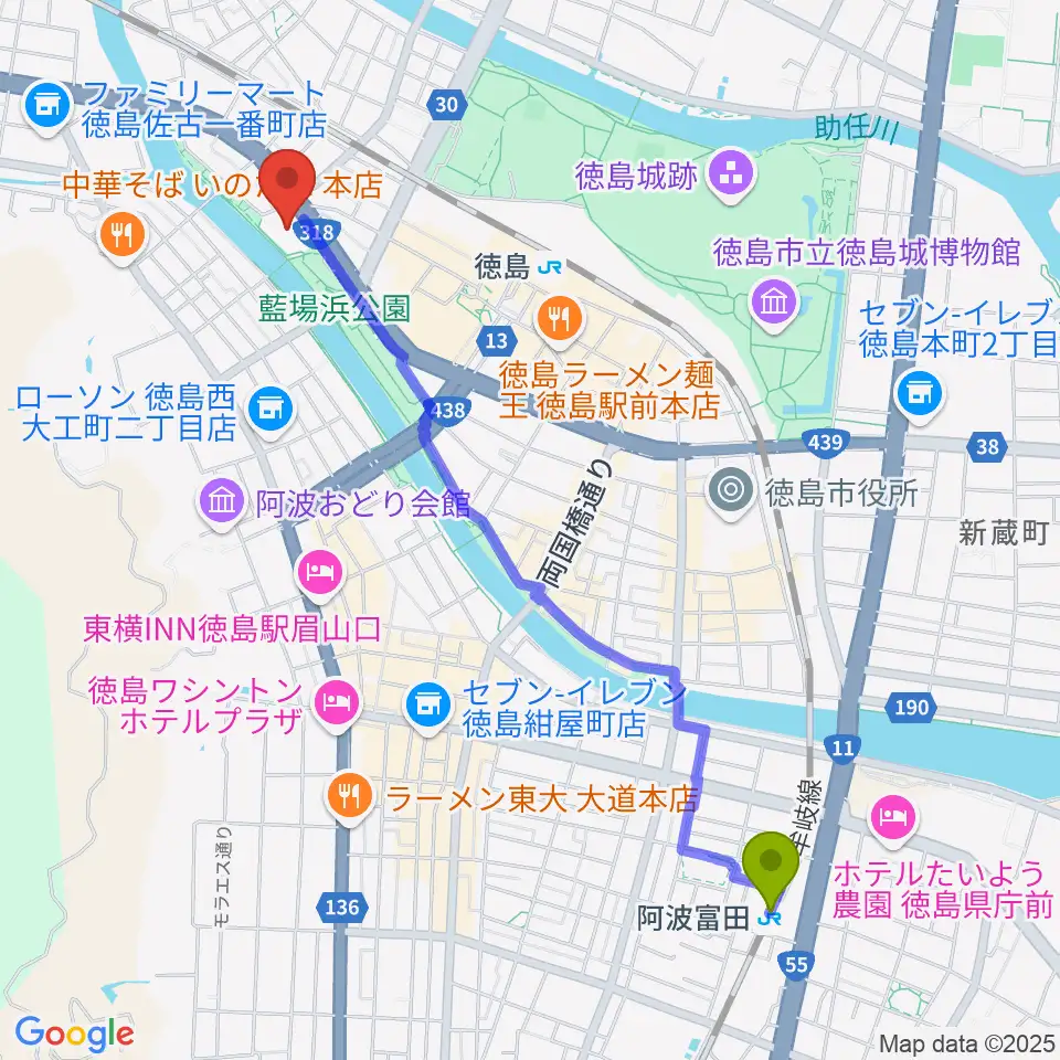 阿波富田駅からあわぎんホールへのルートマップ地図