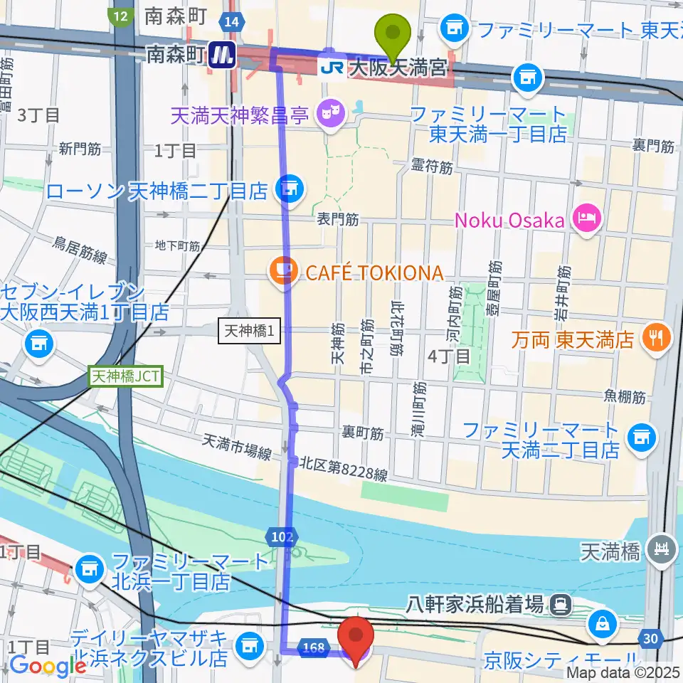 大阪天満宮駅からエル・おおさか 大阪府立労働センターへのルートマップ地図