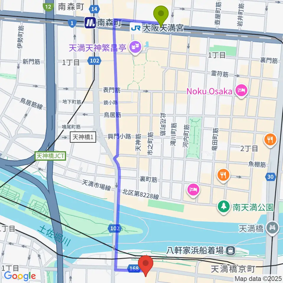 大阪天満宮駅からエル・おおさか 大阪府立労働センターへのルートマップ地図