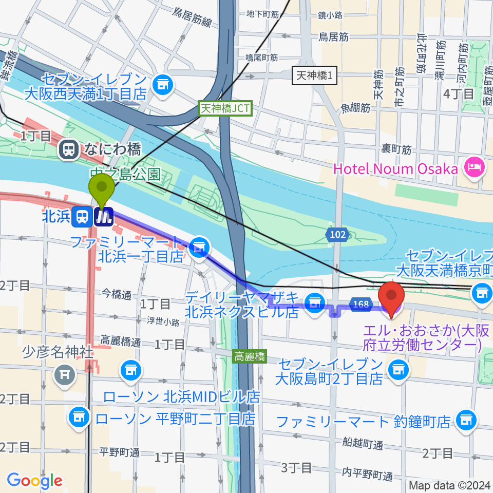 北浜駅からエル・おおさか 大阪府立労働センターへのルートマップ地図