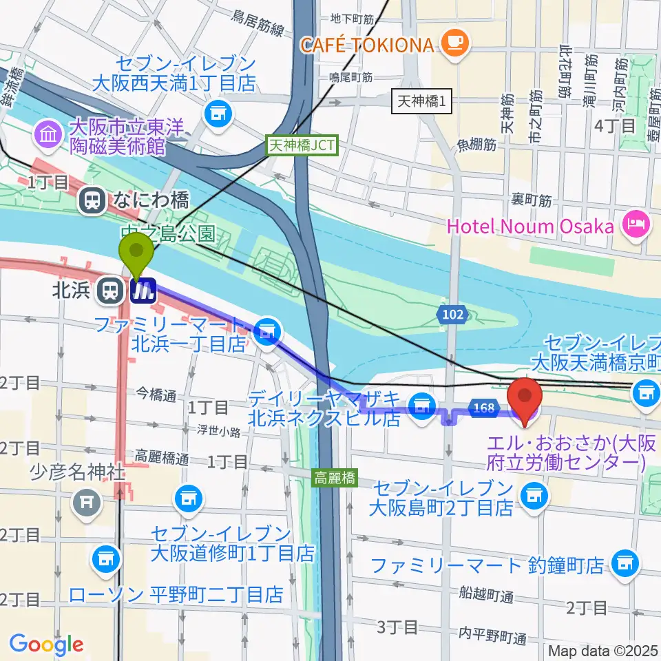 北浜駅からエル・おおさか 大阪府立労働センターへのルートマップ地図