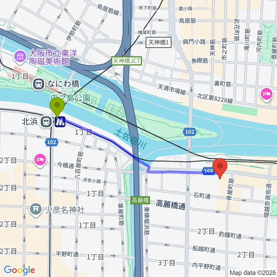 北浜駅からエル・おおさか 大阪府立労働センターへのルートマップ地図