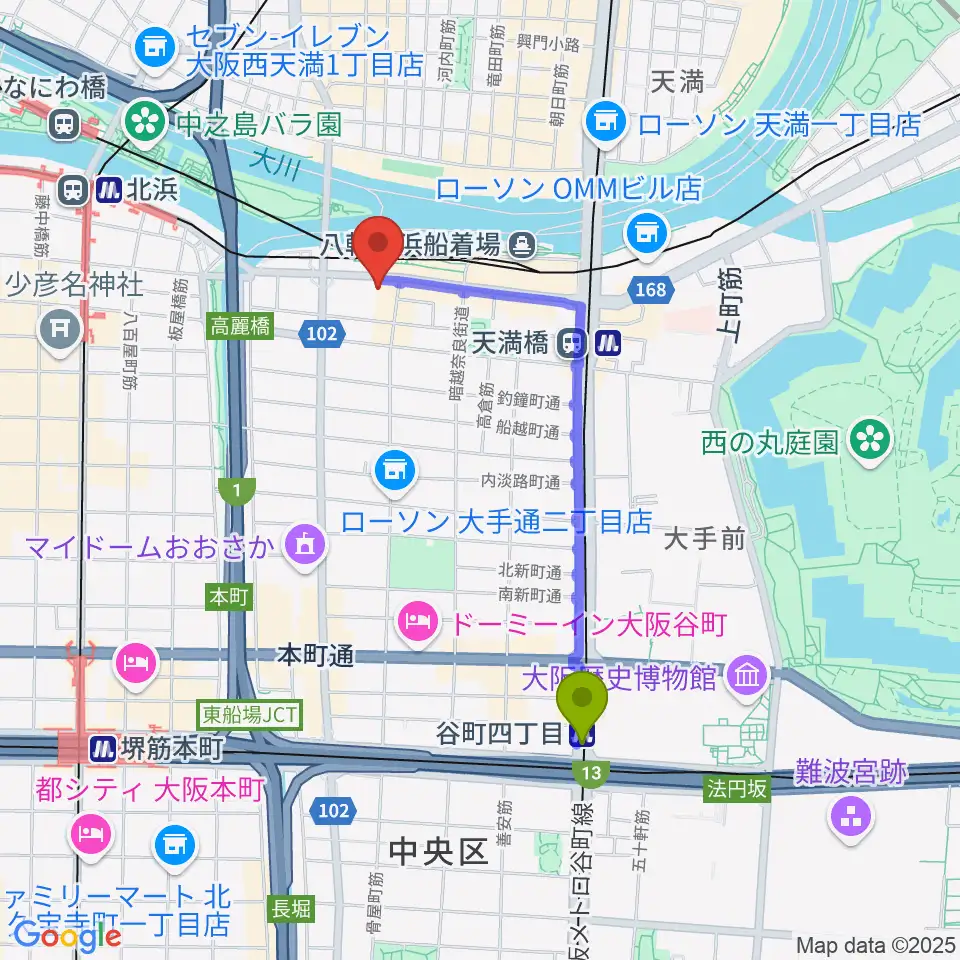 谷町四丁目駅からエル・おおさか 大阪府立労働センターへのルートマップ地図