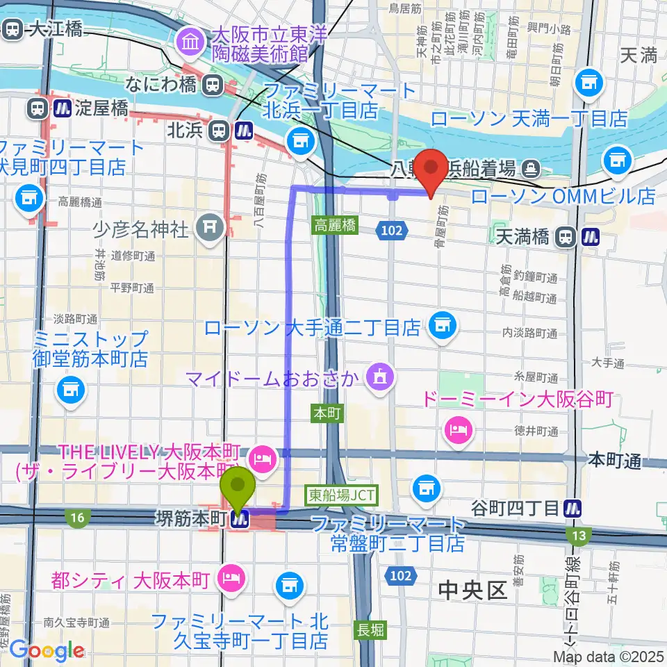 堺筋本町駅からエル・おおさか 大阪府立労働センターへのルートマップ地図