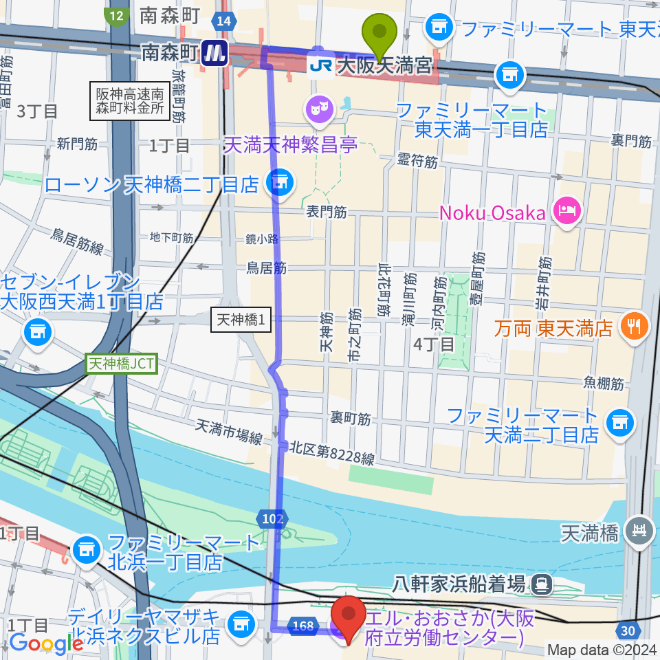 大阪天満宮駅からエル・おおさか プチ・エルへのルートマップ地図