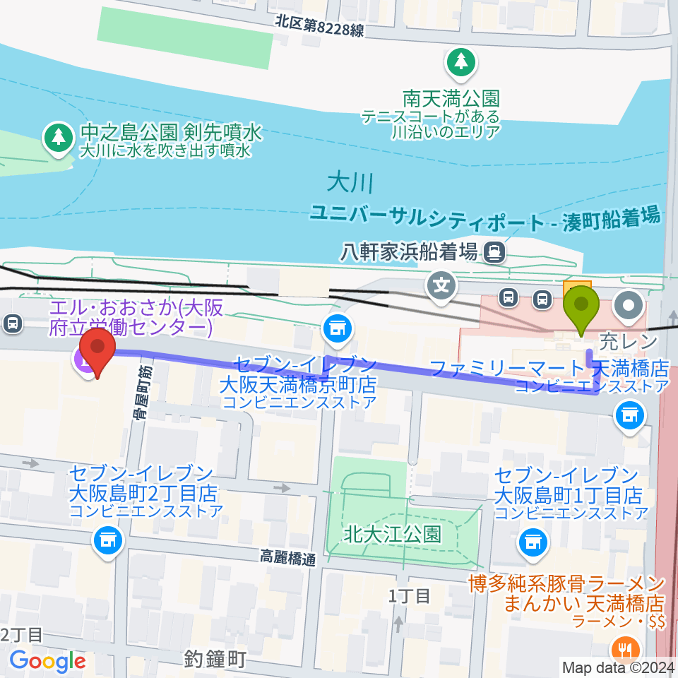 エル・おおさか プチ・エルの最寄駅天満橋駅からの徒歩ルート（約6分）地図