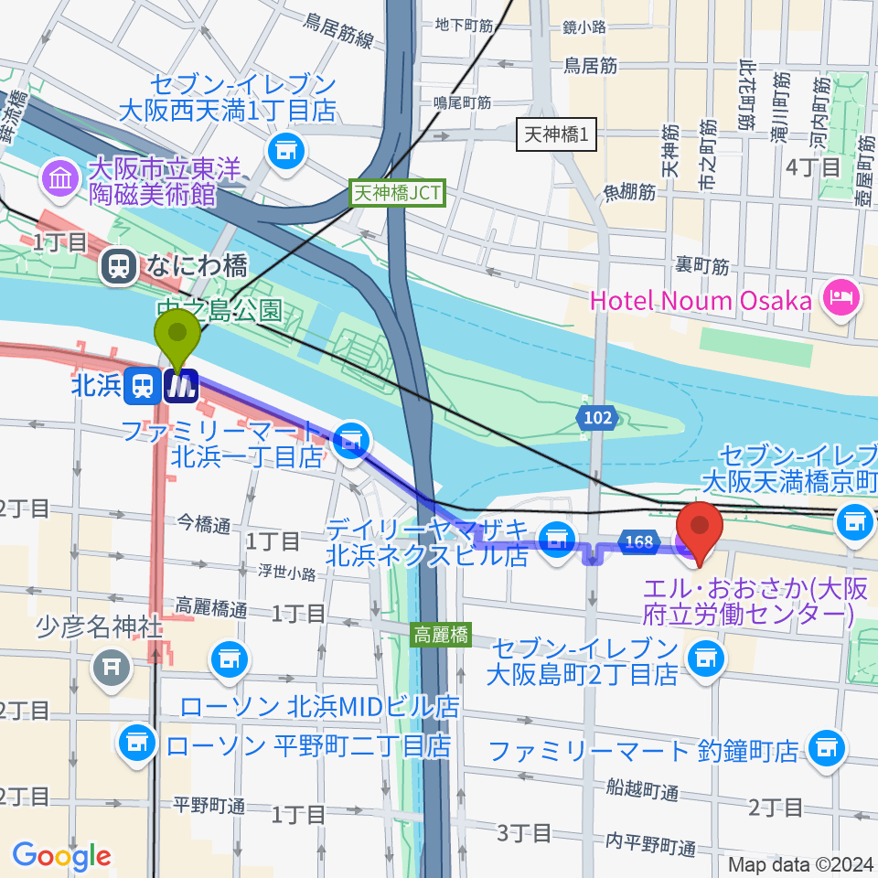 北浜駅からエル・おおさか プチ・エルへのルートマップ地図