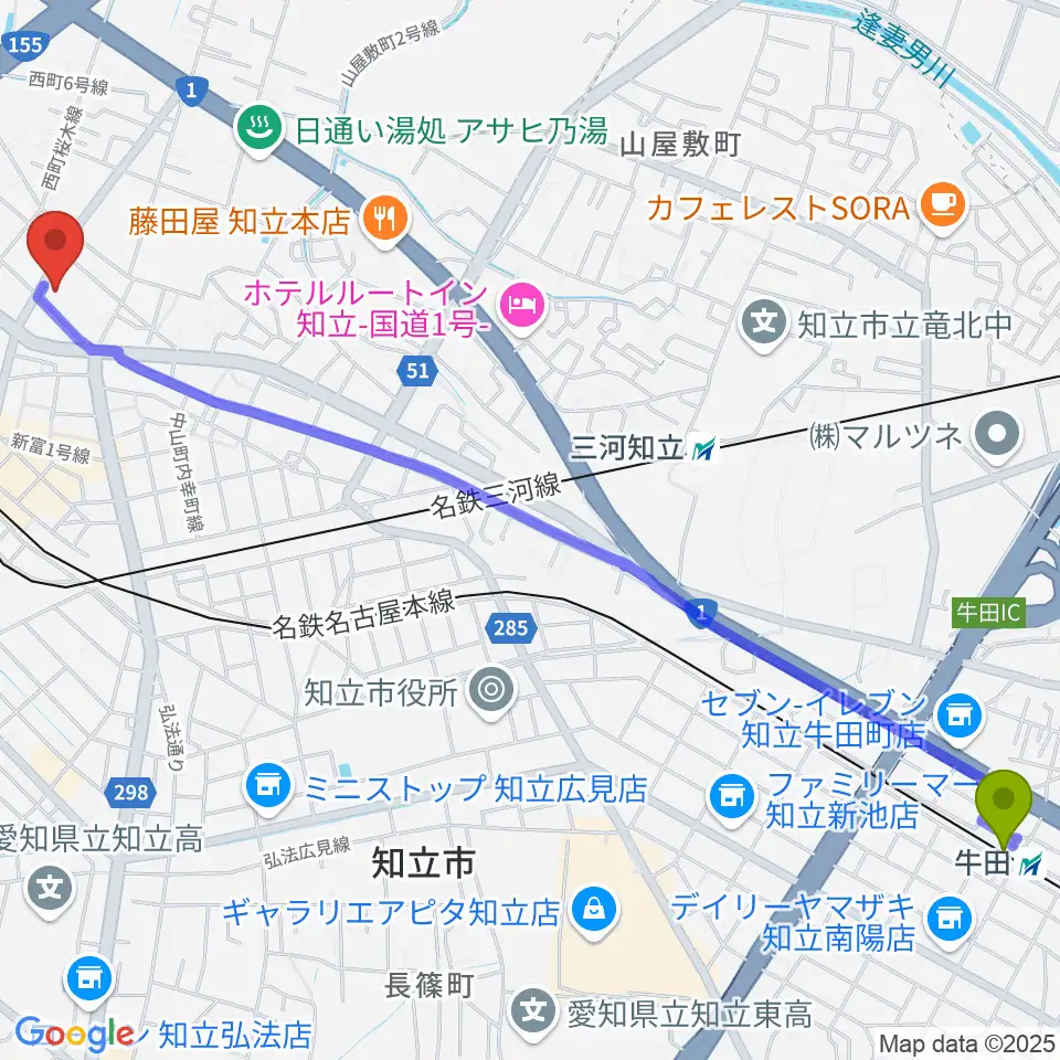 牛田駅から知立リリオ･コンサートホールへのルートマップ地図