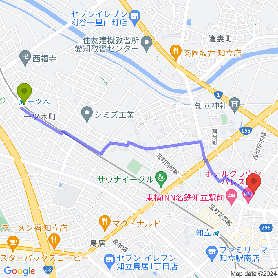 一ツ木駅から知立リリオ･コンサートホールへのルートマップ地図
