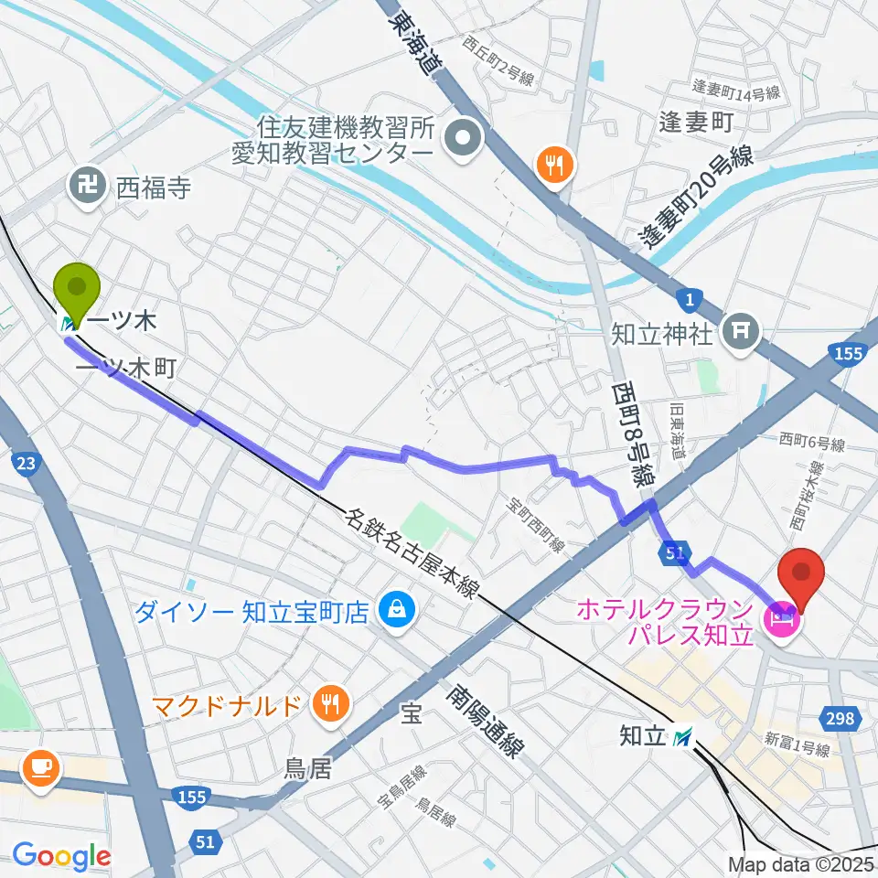 一ツ木駅から知立リリオ･コンサートホールへのルートマップ地図