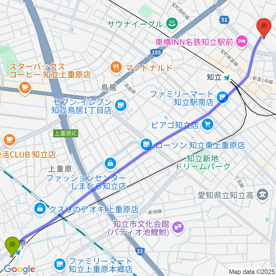 重原駅から知立リリオ･コンサートホールへのルートマップ地図