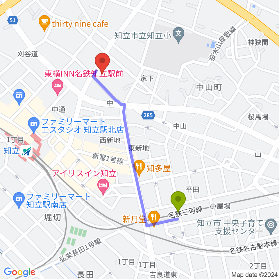 三河知立駅から知立リリオ･コンサートホールへのルートマップ地図