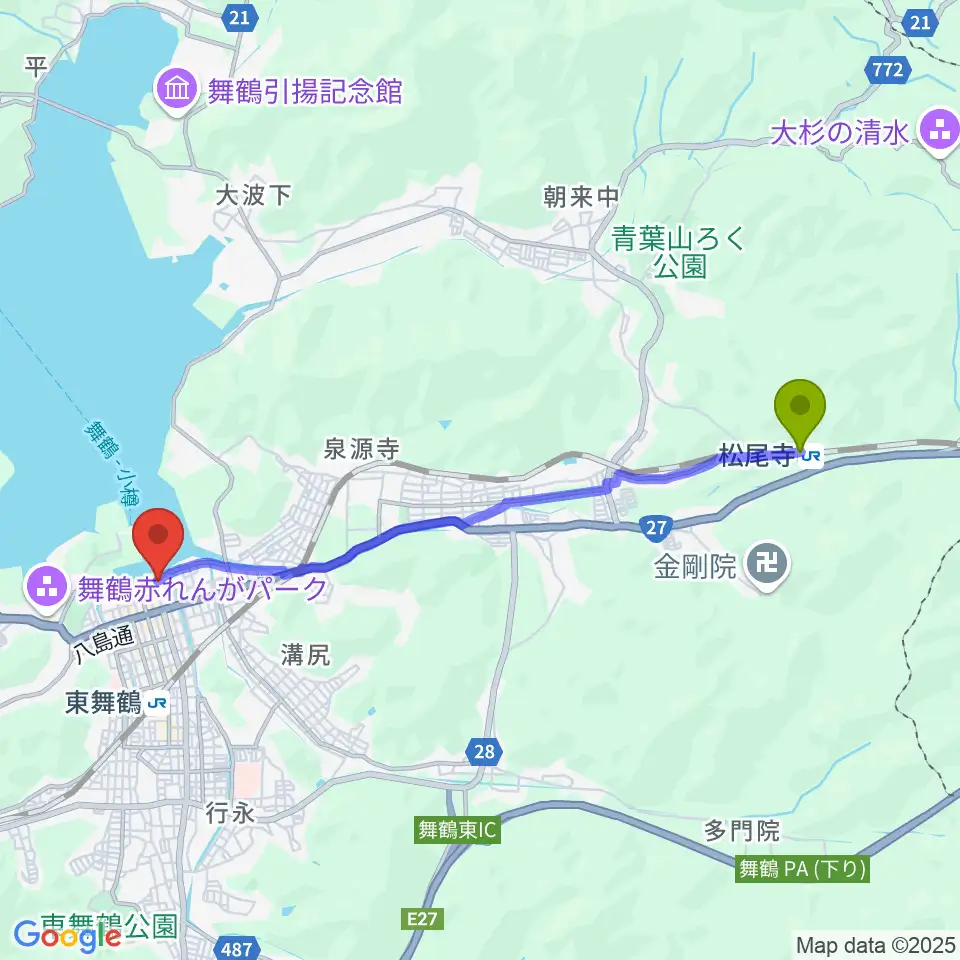 松尾寺駅から舞鶴市商工観光センターまいづるベイプラザへのルートマップ地図