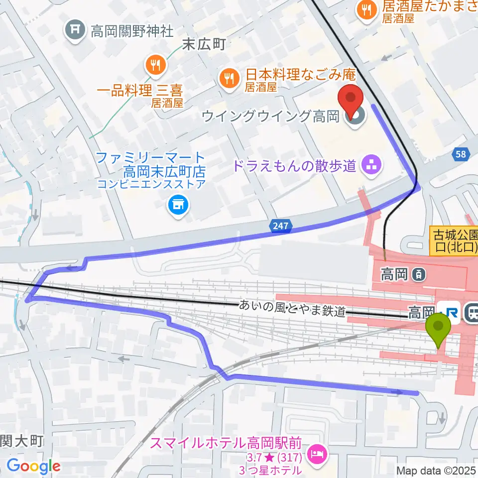 高岡市生涯学習センターの最寄駅高岡駅からの徒歩ルート（約4分）地図