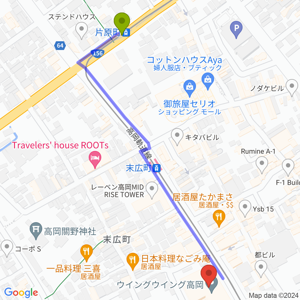 片原町駅から高岡市生涯学習センターへのルートマップ地図