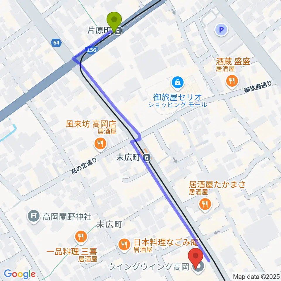 片原町駅から高岡市生涯学習センターへのルートマップ地図