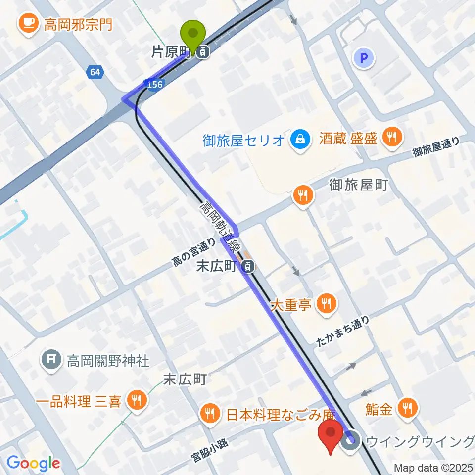 片原町駅から高岡市生涯学習センターへのルートマップ地図