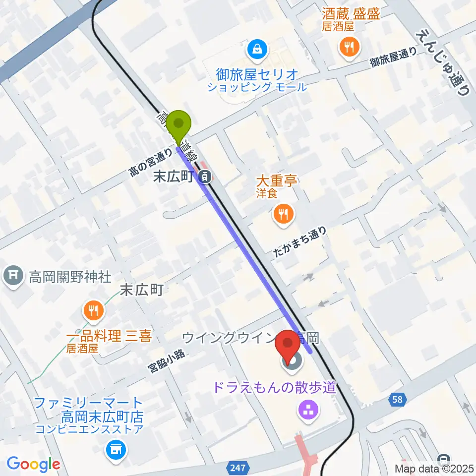 末広町駅から高岡市生涯学習センターへのルートマップ地図