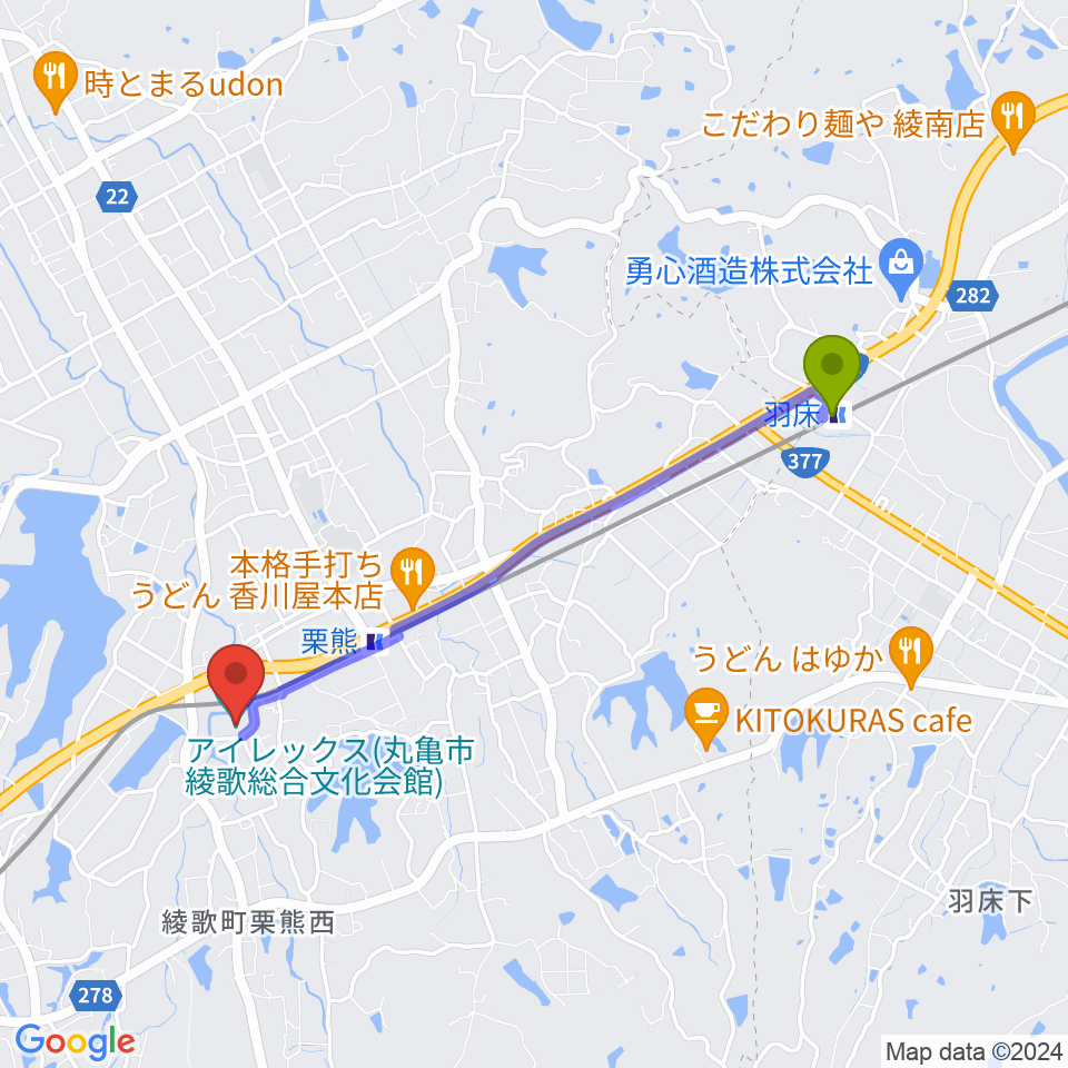 羽床駅から丸亀市綾歌総合文化会館アイレックスへのルートマップ地図