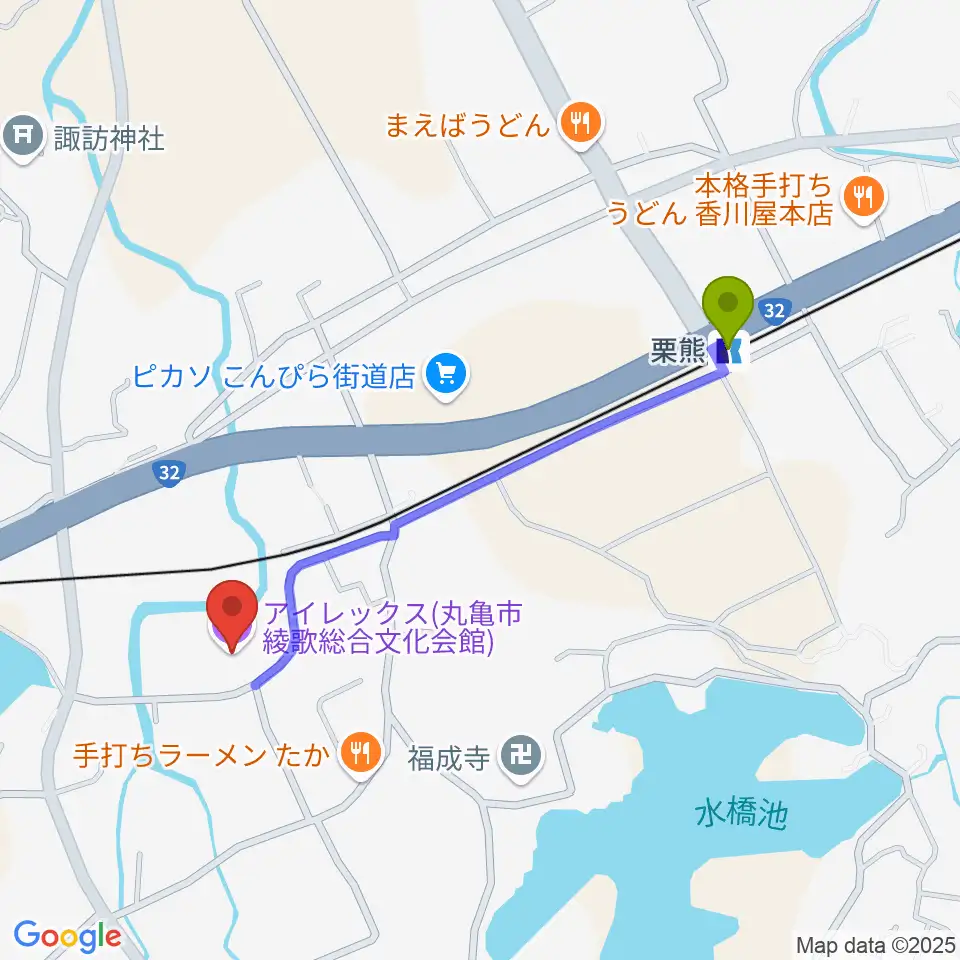 丸亀市綾歌総合文化会館アイレックスの最寄駅栗熊駅からの徒歩ルート（約10分）地図