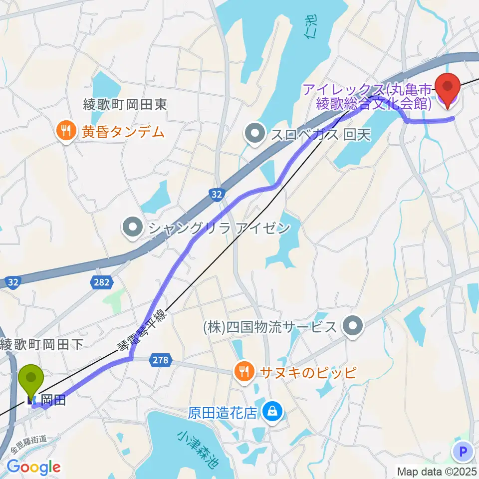 岡田駅から丸亀市綾歌総合文化会館アイレックスへのルートマップ地図