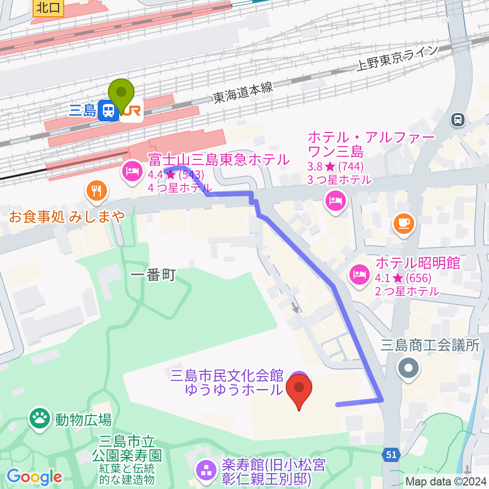 三島市民文化会館 ゆぅゆぅホールの最寄駅三島駅からの徒歩ルート（約6分）地図