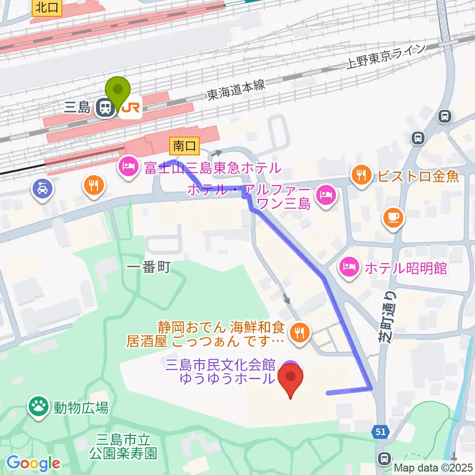 三島市民文化会館 ゆぅゆぅホールの最寄駅三島駅からの徒歩ルート（約6分）地図