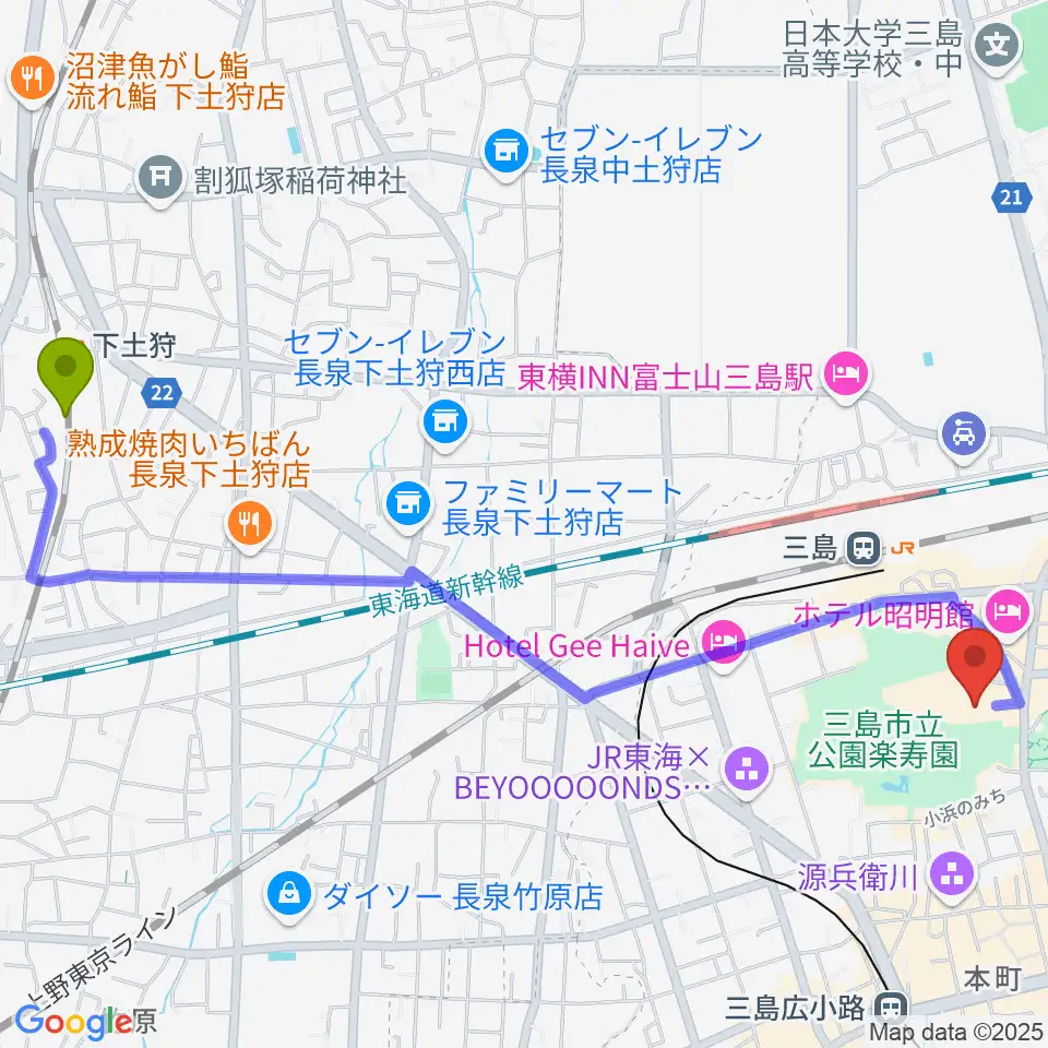 下土狩駅から三島市民文化会館 ゆぅゆぅホールへのルートマップ地図