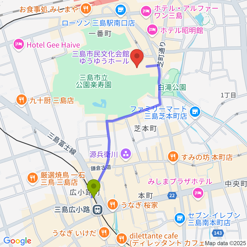 三島広小路駅から三島市民文化会館 ゆぅゆぅホールへのルートマップ地図