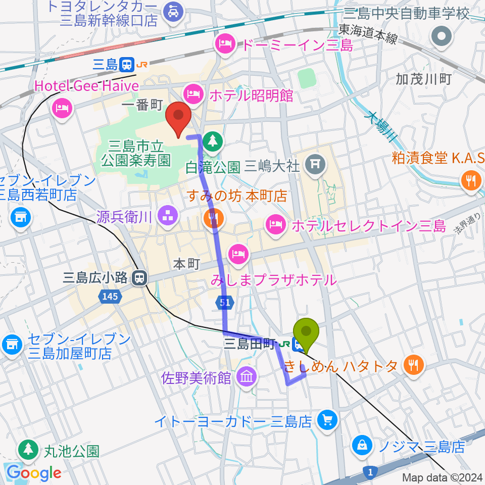 三島田町駅から三島市民文化会館 ゆぅゆぅホールへのルートマップ地図