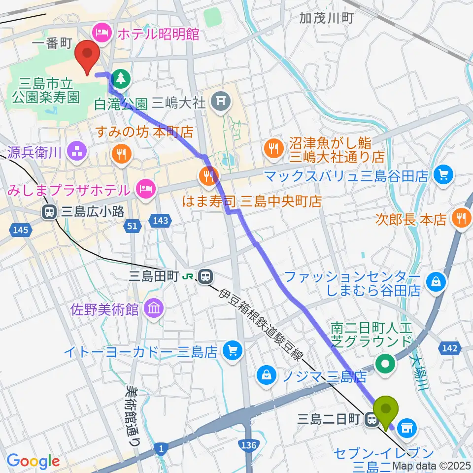 三島二日町駅から三島市民文化会館 ゆぅゆぅホールへのルートマップ地図