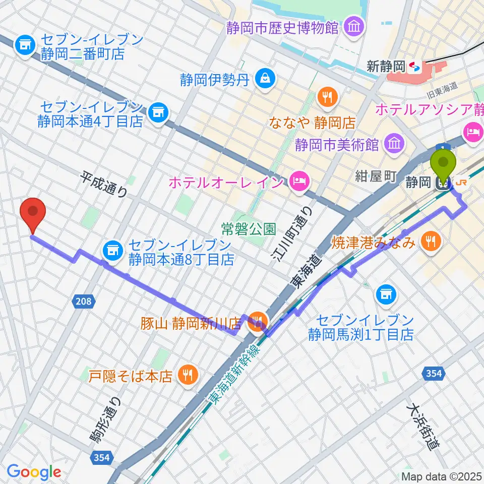 ふじまきぴあの教室の最寄駅静岡駅からの徒歩ルート（約27分）地図