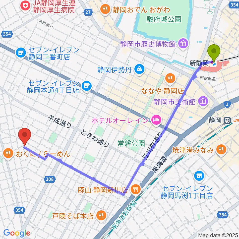 新静岡駅からふじまきぴあの教室へのルートマップ地図