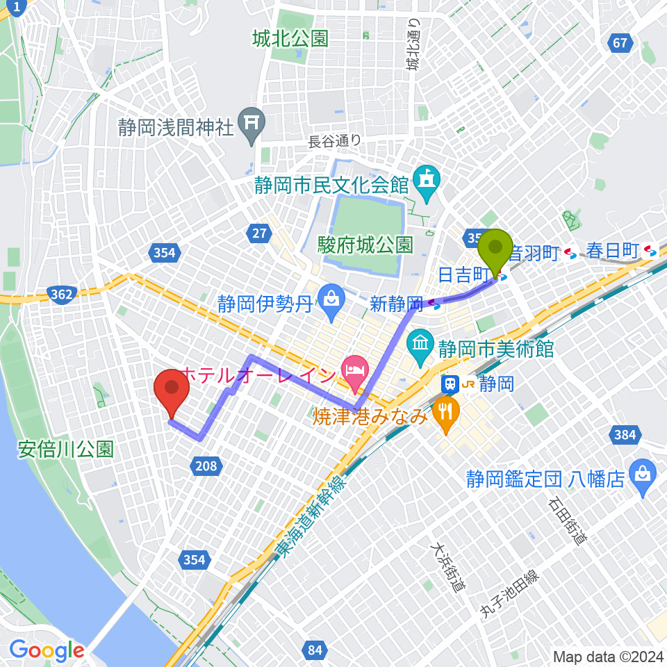 日吉町駅からふじまきぴあの教室へのルートマップ地図
