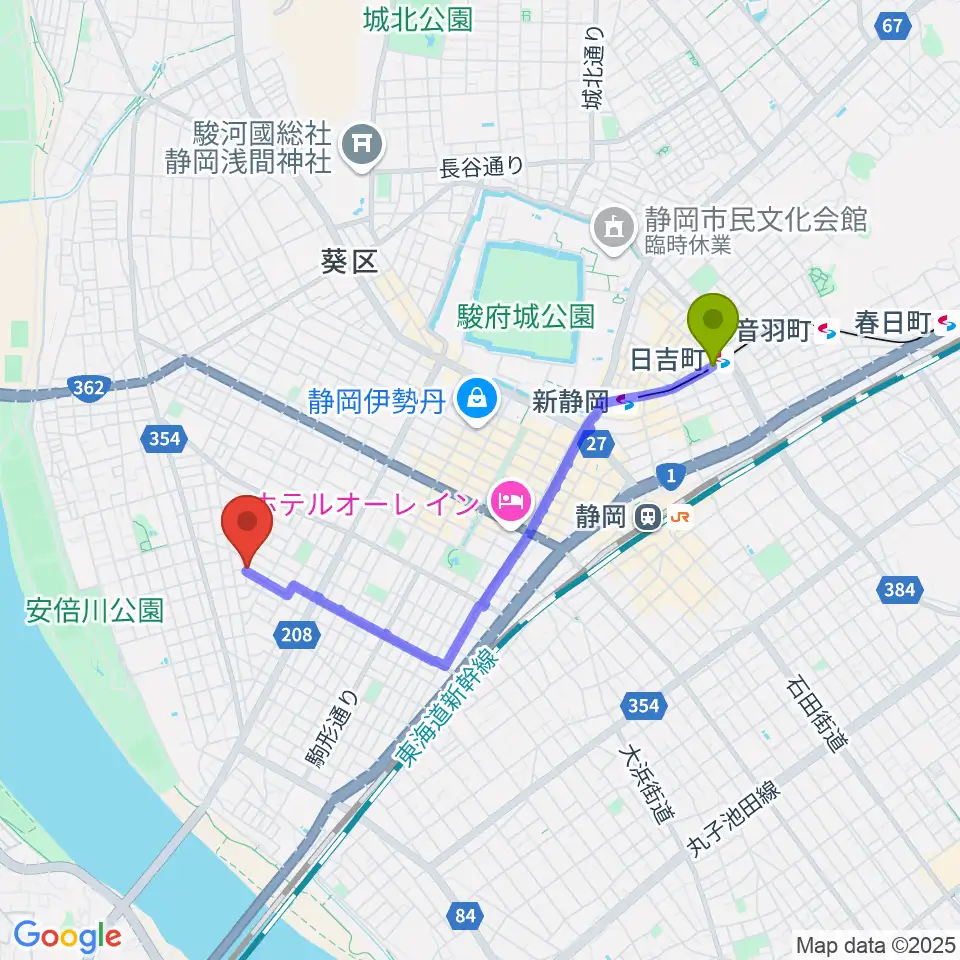 日吉町駅からふじまきぴあの教室へのルートマップ地図