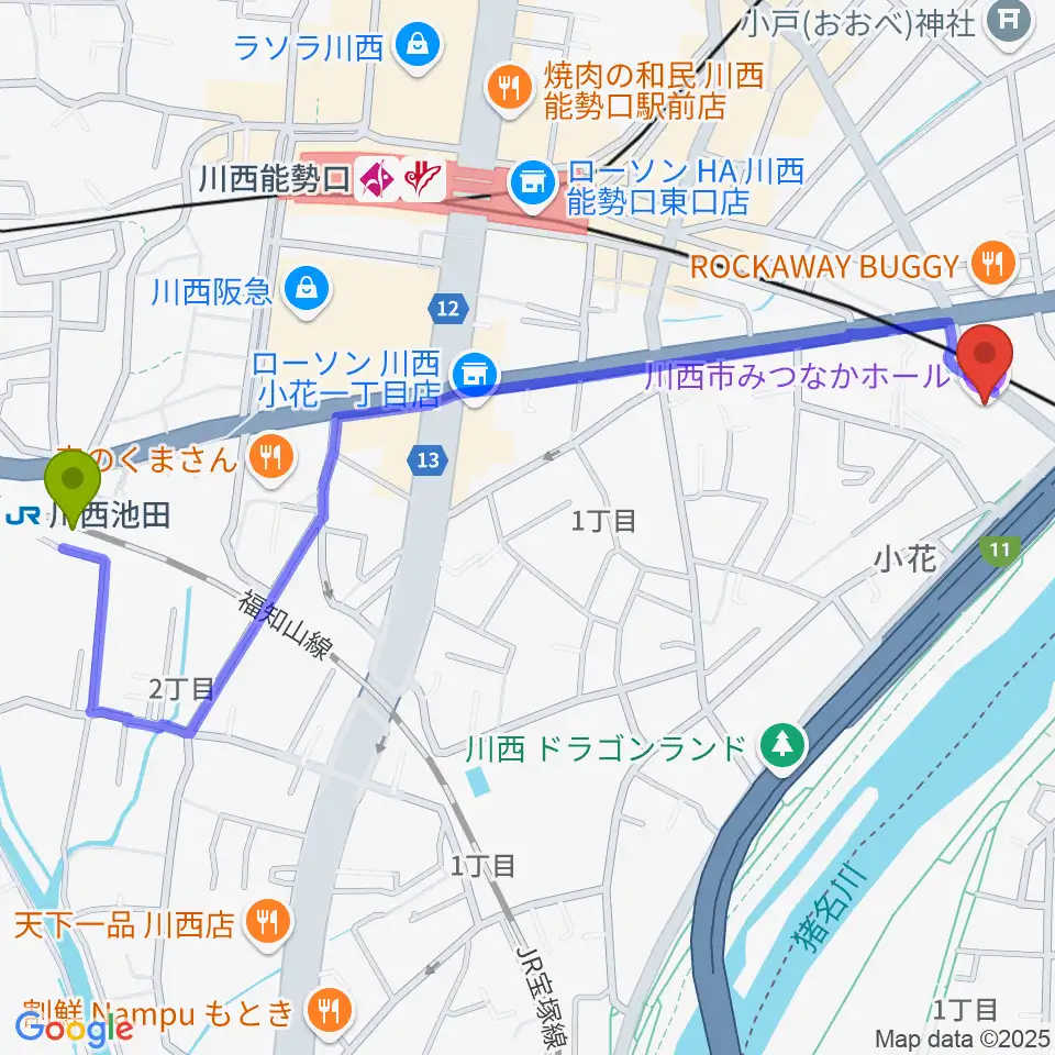 川西池田駅から川西市みつなかホールへのルートマップ - MDATA