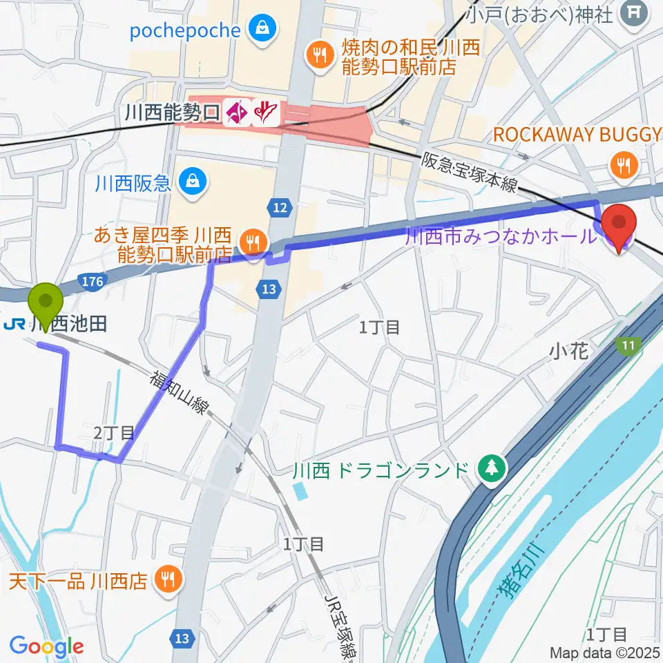 川西池田駅から川西市みつなかホールへのルートマップ地図