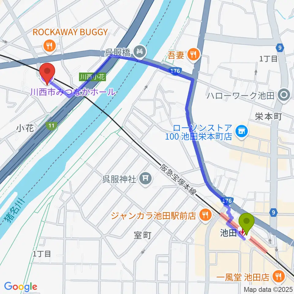 池田駅から川西市みつなかホールへのルートマップ地図