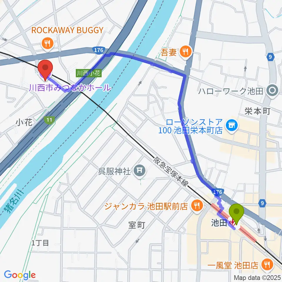 池田駅から川西市みつなかホールへのルートマップ地図