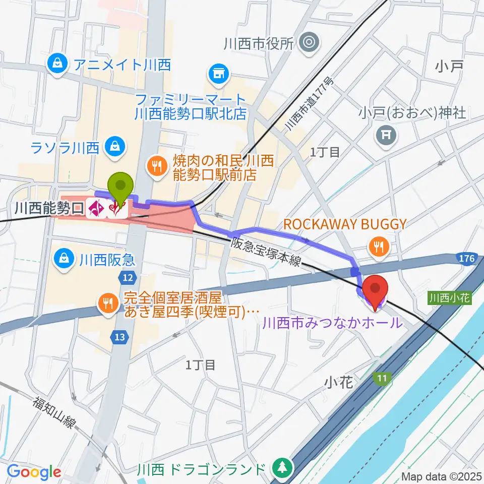 川西市みつなかホールの最寄駅川西能勢口駅からの徒歩ルート（約9分）地図