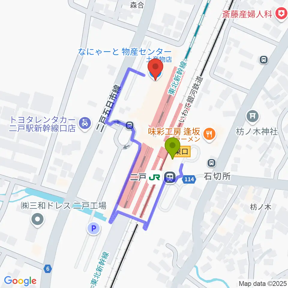 カシオペアメッセ・なにゃーとの最寄駅二戸駅からの徒歩ルート（約2分）地図