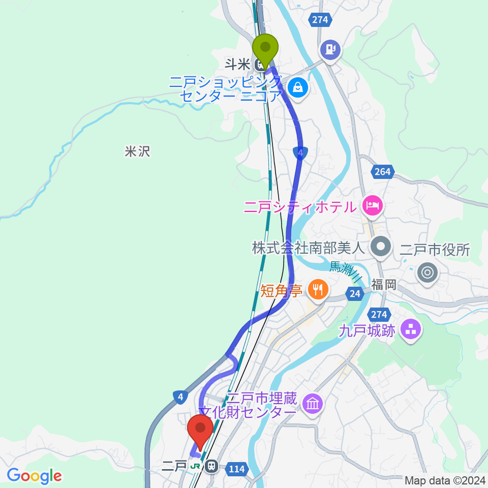 斗米駅からカシオペアメッセ・なにゃーとへのルートマップ地図