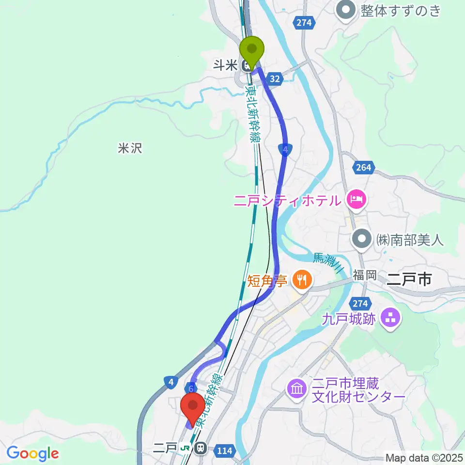 斗米駅からカシオペアメッセ・なにゃーとへのルートマップ地図