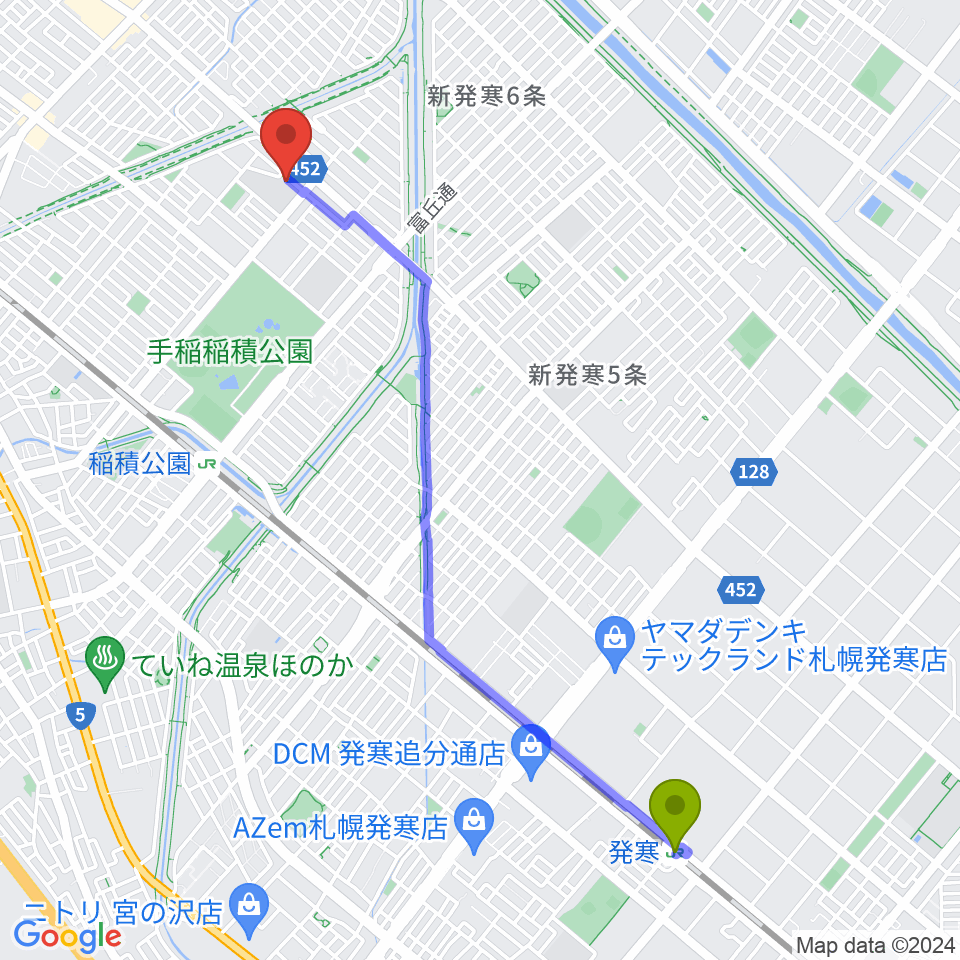 発寒駅からニューホープ札幌ホールへのルートマップ地図