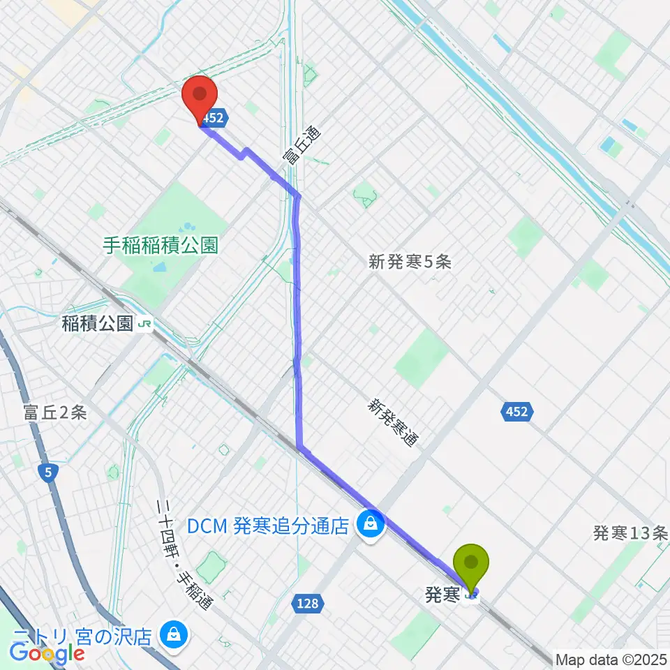 発寒駅からニューホープ札幌ホールへのルートマップ地図