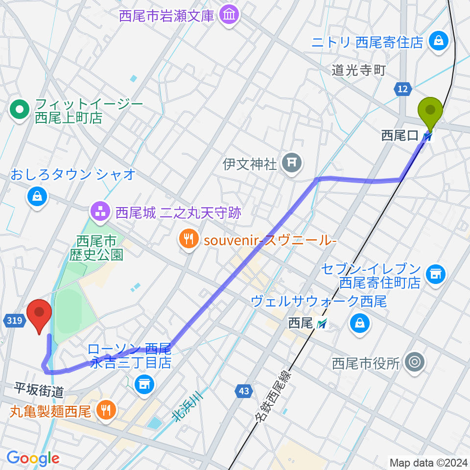 西尾口駅からにししん文化会館 茶々っとホールへのルートマップ地図