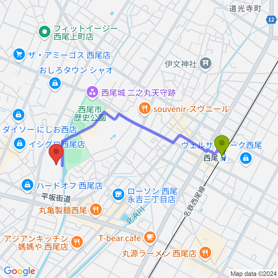 にししん文化会館 茶々っとホールの最寄駅西尾駅からの徒歩ルート（約19分）地図