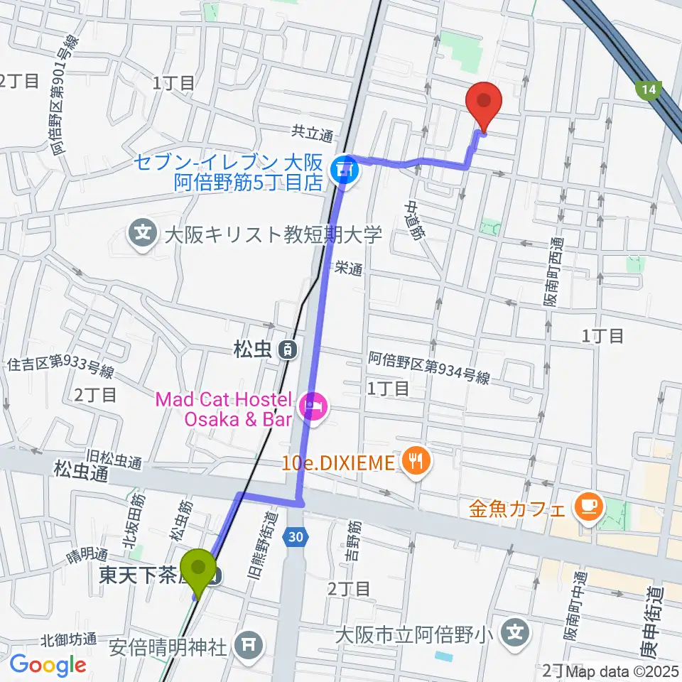 東天下茶屋駅から音楽教室 HOUSE MUSICへのルートマップ地図