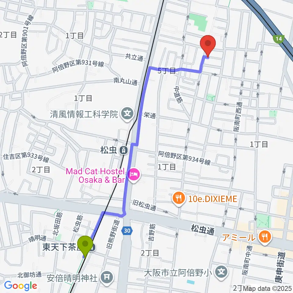 東天下茶屋駅から音楽教室 HOUSE MUSICへのルートマップ地図